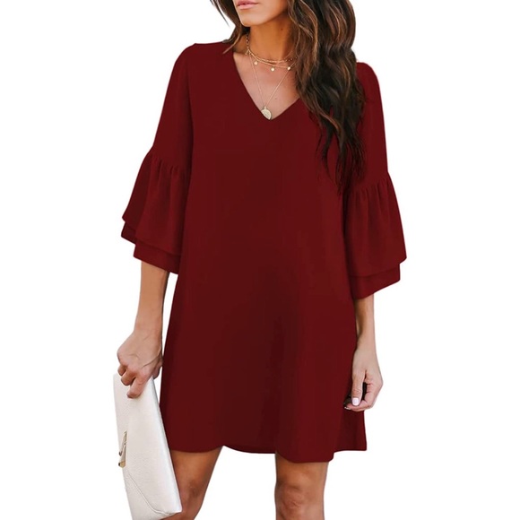 Dresses & Skirts - NWT - BELONGSCI - Women’s Dress V-Neck Bell Sleeve, Wine Red. Size XL